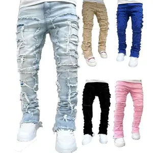 Fashion Stretch Patch Mens Jeans Patchwork Creative Tassels Decoration Straight Denim Trousers for Men Hip Hop Jean Pants Menswear Pink