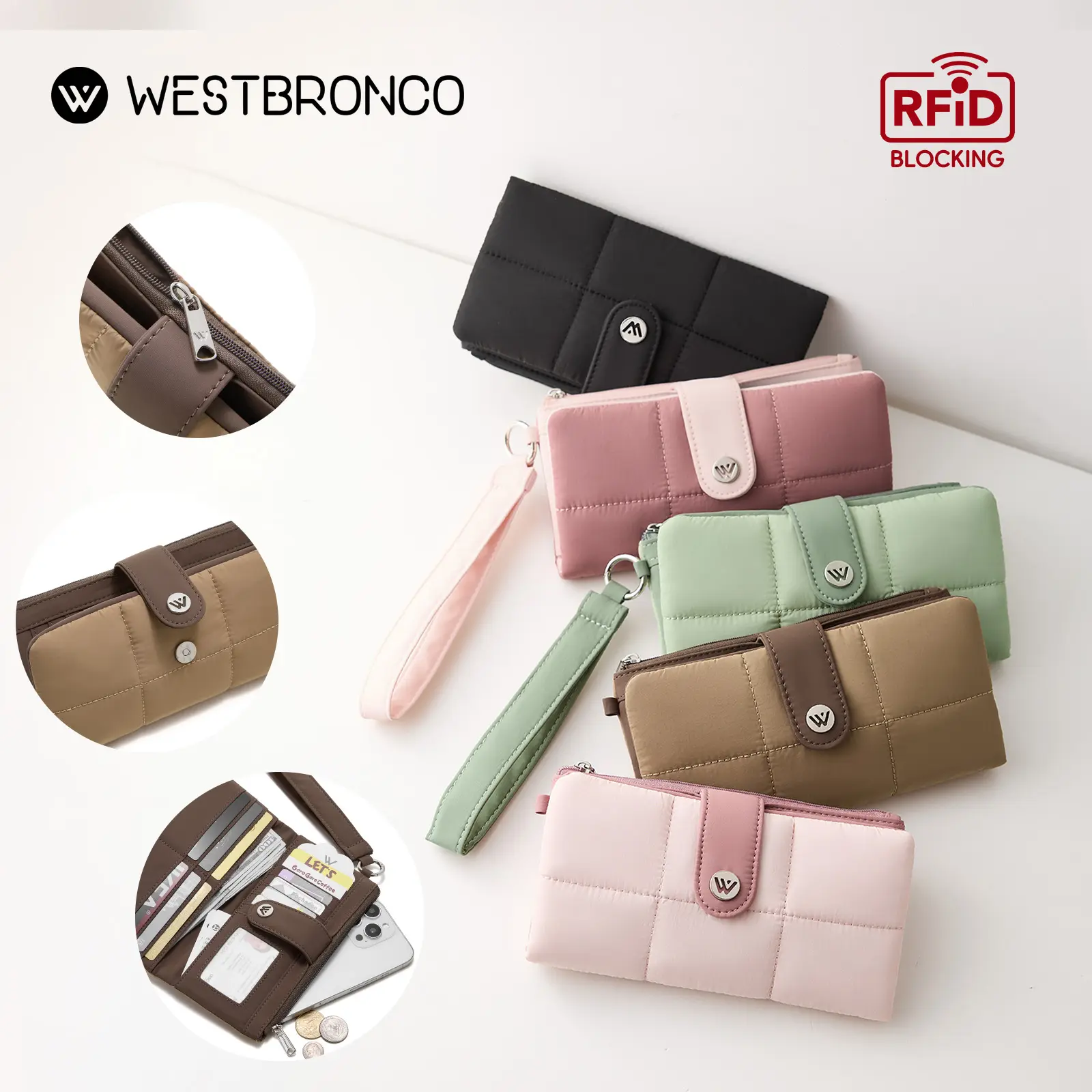 WESTBRONCO Puffy Long Wristlet Wallets Fashion Card Holder for Daily Use, Stylish Women Phone Wallet RFID Blocking for Girls, Summer Trendy Coin Purse with ID Window&Zipper Pocket&13 Card Slots Casual Style Gift SummerSale BackToSchool