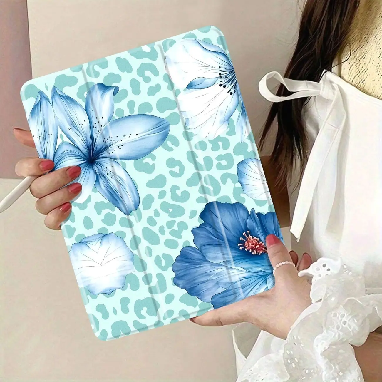 Blue Floral Leopard iPad Case, Aqua Cheetah Print Tablet Folio Cover, Blue Lily Flower Protective iPad Case, Preppy Feminine Tablet Accessories, Gift for Women