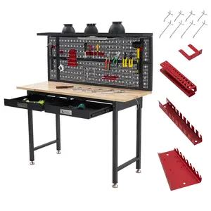 New Upgraded Utility Tables 60-Inch Heavy Duty Workbench with 2000 lbs Load Capacity, Adjustable Feet for Uneven Surfaces, 2 Storage Drawers, Built-In Power Outlets & LED Light, Ideal for Workshop and Basement