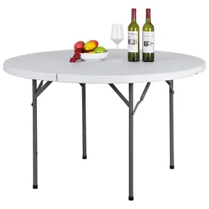 48" Round Folding Outdoor Table - HDPE+Metal Portable Plastic Model, Pre-Folded Portable Outdoor Seating, Black Patio Camping Table for Picnic