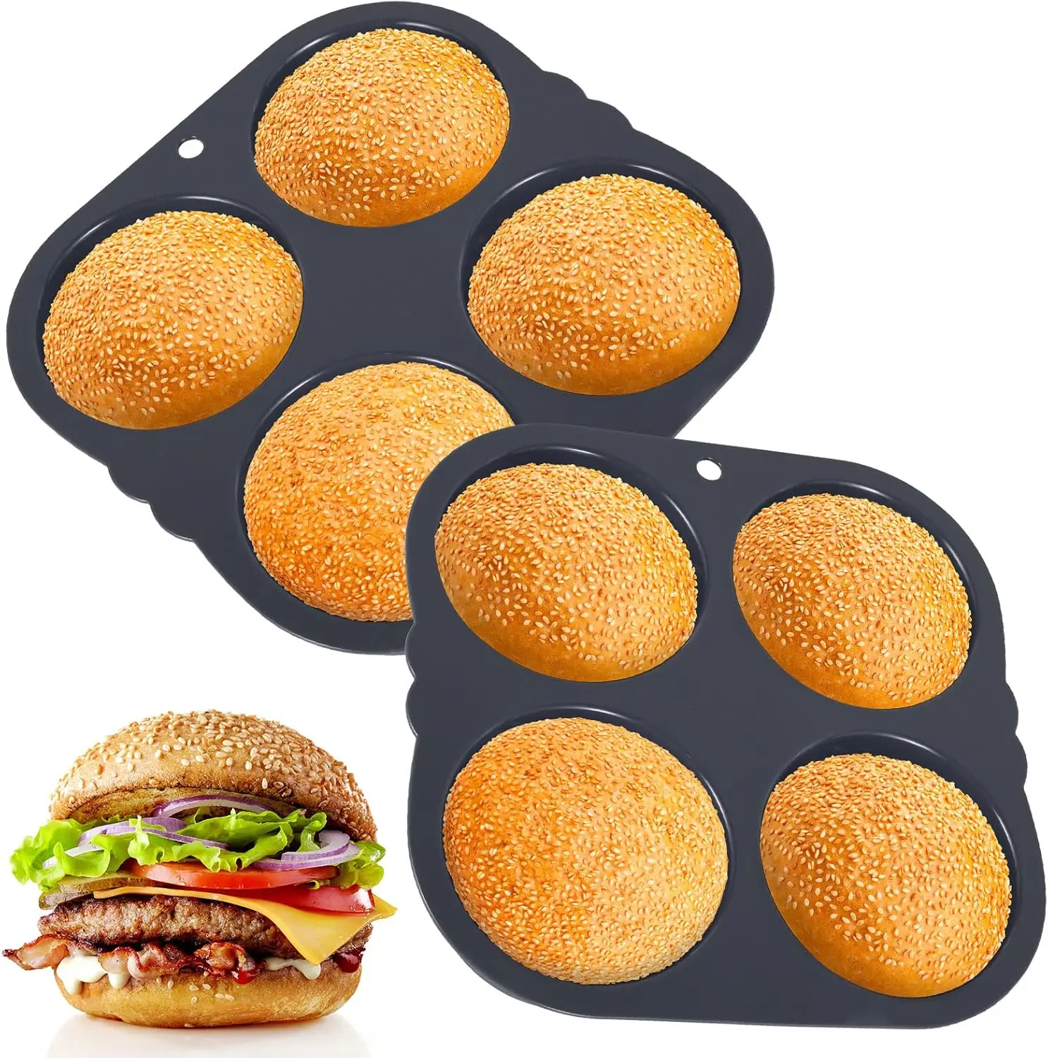 2Pcs Silicone Hamburger Bun Mold with 4 Cavities,Non-stick Hamburger Bun Pan Flexible Hamburger Bread Mold,Easy to Release Burger Bun Maker Machine Washable for Kichen Baking