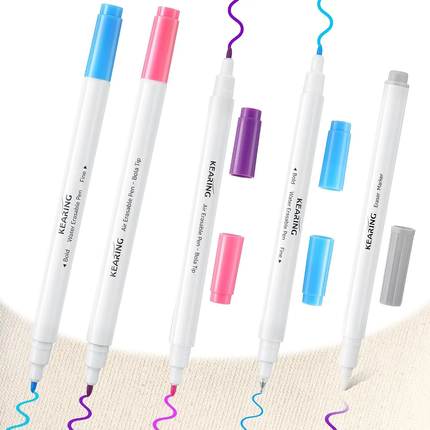 Avenuebool Fabric Markers for Sewing, 5 Count Pack, Includes 2 Water Soluble Fabric Marker 2 Air Erasable Pens 1 Eraser Marker, Disappearing Ink Pen, Sewing Quilting Embroidery Supplies