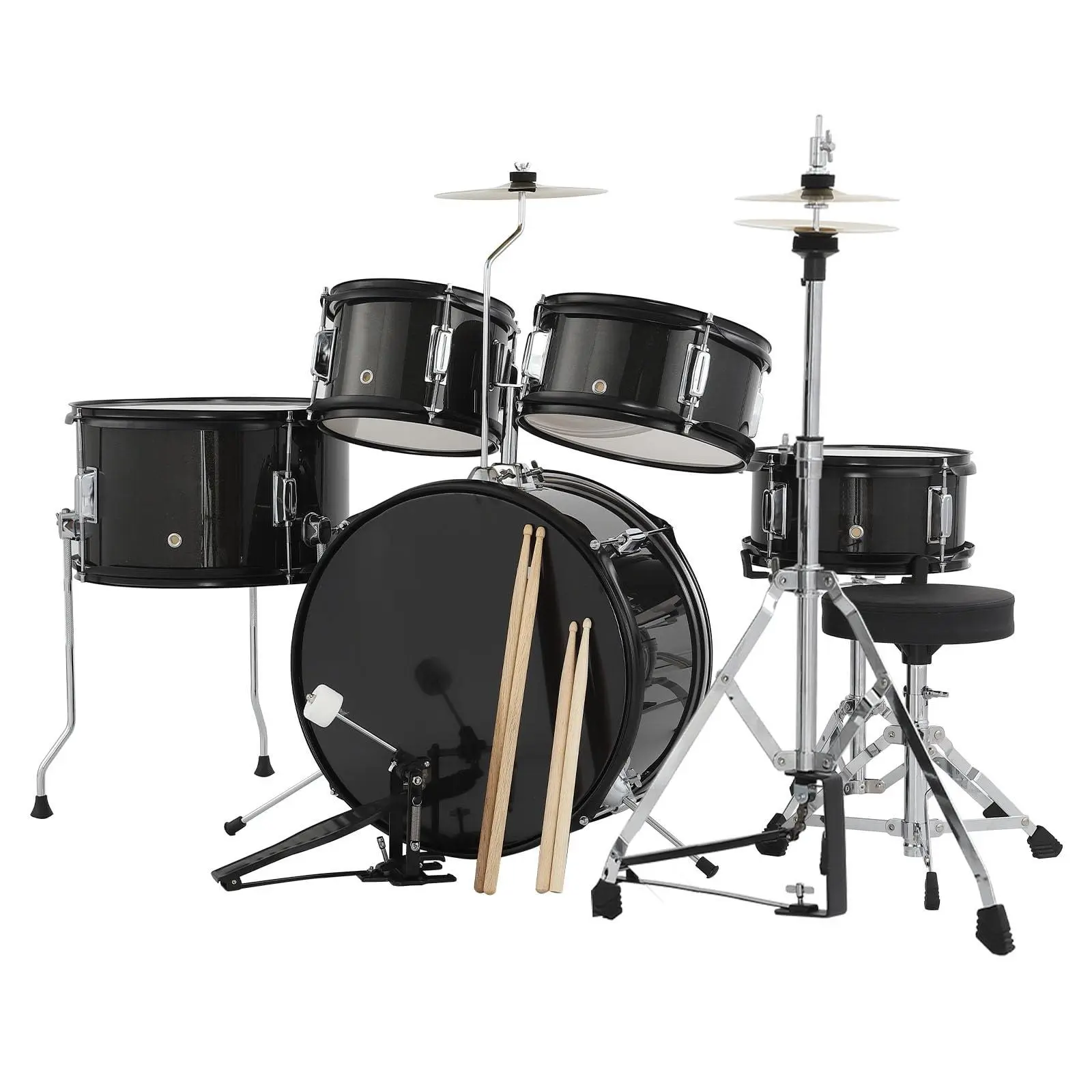 5-Piece Junior Drum Set, A Complete Kit for Kids with Stool, Sticks & Pedal, Beginner Set, Perfect Musical Gift for Boys & Girls, Black