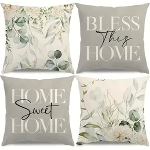 Spring Summer Farmhouse Eucalyptus Leaf Pattern Decorative Pillow Covers, Set of 4, Hidden Zipper, Easy to Clean, Bedroom Living Room Sofa Car Home Decoration
