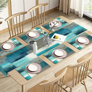 100% Linen Rectangle Table Runner Set with Farmhouse Look, Blue-Gray Abstract Design Placemats, Everyday Dining Decor, Home & Festive Party Gift, Rectangle Shape