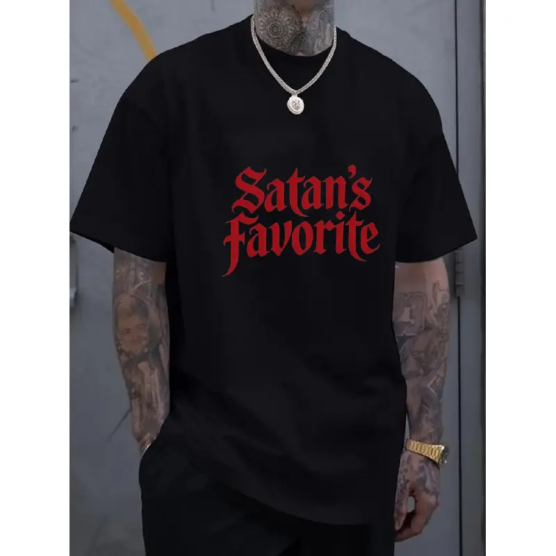 merch shirt for men Men's Round Neck Black T-Shirt-Satan's Favorite Gothic Pattern Shirt-Bold Red Letter Print-Lightweight Concert Party Street Casual Top-Machine Washable Regular Impervious Fabric for Casual Attire All Seasons, Suitable for Christmas, Ea