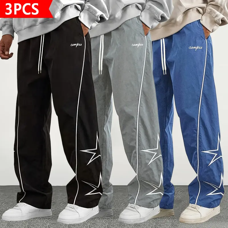 Men’s 3-Pack Star Stripe Wide-Leg Pants | Baggy streetwear track pants with campus embroidery, elastic waistband & drawstring | Lightweight casual pants for school, street style, everyday wear & outdoor activities, Activewear, Matching, Sportswear tiktoks