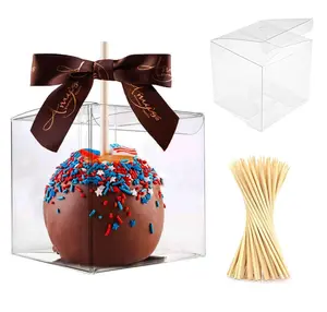 30 Pcs Candy Apple Boxes with Apple Sticks, Clear Caramel Apple Box Plastic Gift Cookie Makaron Cupcake Packaging for Treats, Party Favors, 4" L x 4" W x 4" H