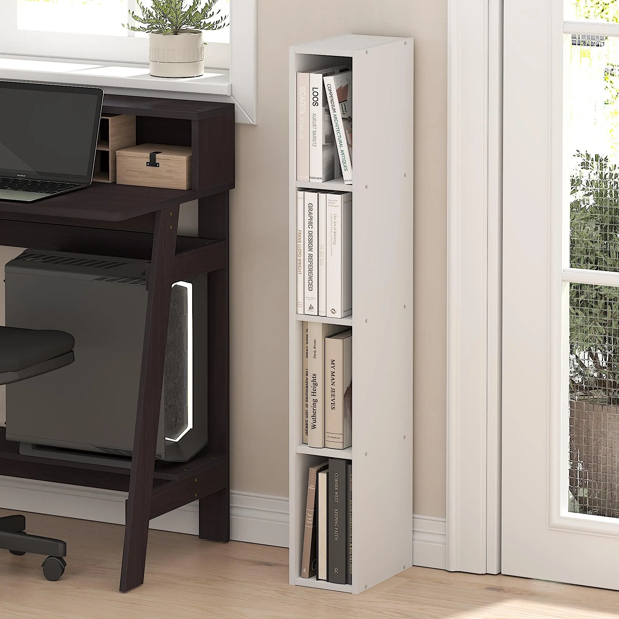 FULDA 4-Tier Narrow Width Bookshelf - Furniture with 5.5in Wide Room Storage Shelf, 9.3x5.9x41.6in Minimalist Decluttering Unit for Living Room, Home Office, White Space-Saving Small Organizer, 4-Tier Shelf