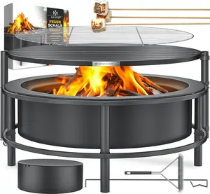 "65cm Fire Pit Bowl with Grill Grate, Mobile Steel Fire Basket with Wheels, Wood & Charcoal Outdoor BBQ Barrel, Includes 60cm Cast Iron Fire Hook
