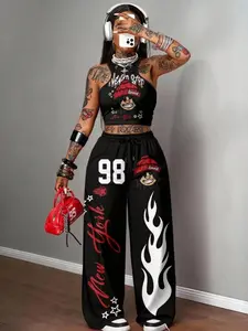 New Summer Casual Sporty Round Neck Patchwork 23 Number Slogan Print Short Sleeve T-Shirt + Shorts Set, Women's Two-Piece Casual Lounge Sets