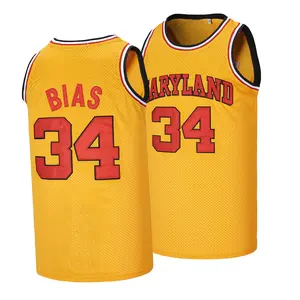 Men's #34 MARYLAND LEN BIAS Basketball Jersey，Letter Embroidery Basketball Vest，Fan Gift Souvenir