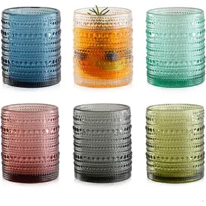 12oz Reusable Round Colored Hobnail Drinking Glasses Set of 6, Vintage Embossed Beaded Kitchen Glassware, Water Tumbler for Cocktail and Juice