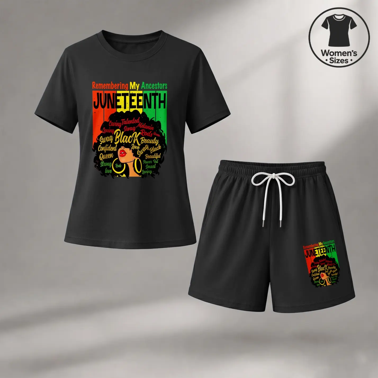 Women's Black History Juneteenth 2-Piece Clothes Set - Breathable Loose Short-Sleeve Afro Queen Graphic T-Shirt & Drawstring Shorts, Minimalist Comfortable Lady's Casual Summer Lounge Wear for Home & Vacation, Shortsleeve