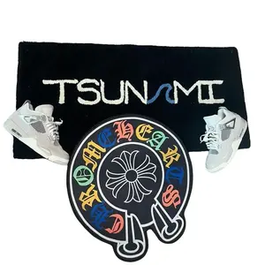 Tsunami Rainbow Chrome Tie Dye Rug, Featuring Colorful Text Design and Central Emblem Pattern, Ideal for Cool Living Room Decor and House Decor