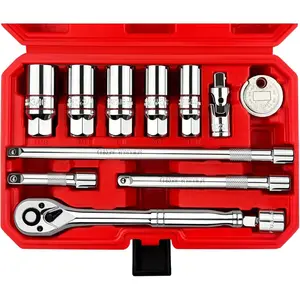 12Pcs Spark Plug Socket Set, 3/8" Drive Ratchet Handle with Mirror Polished Sockets, Spark Plug Gapper, Universal Joint and Extension Bar, Spark Plug Removal Tool with Rubber Retaining Ring