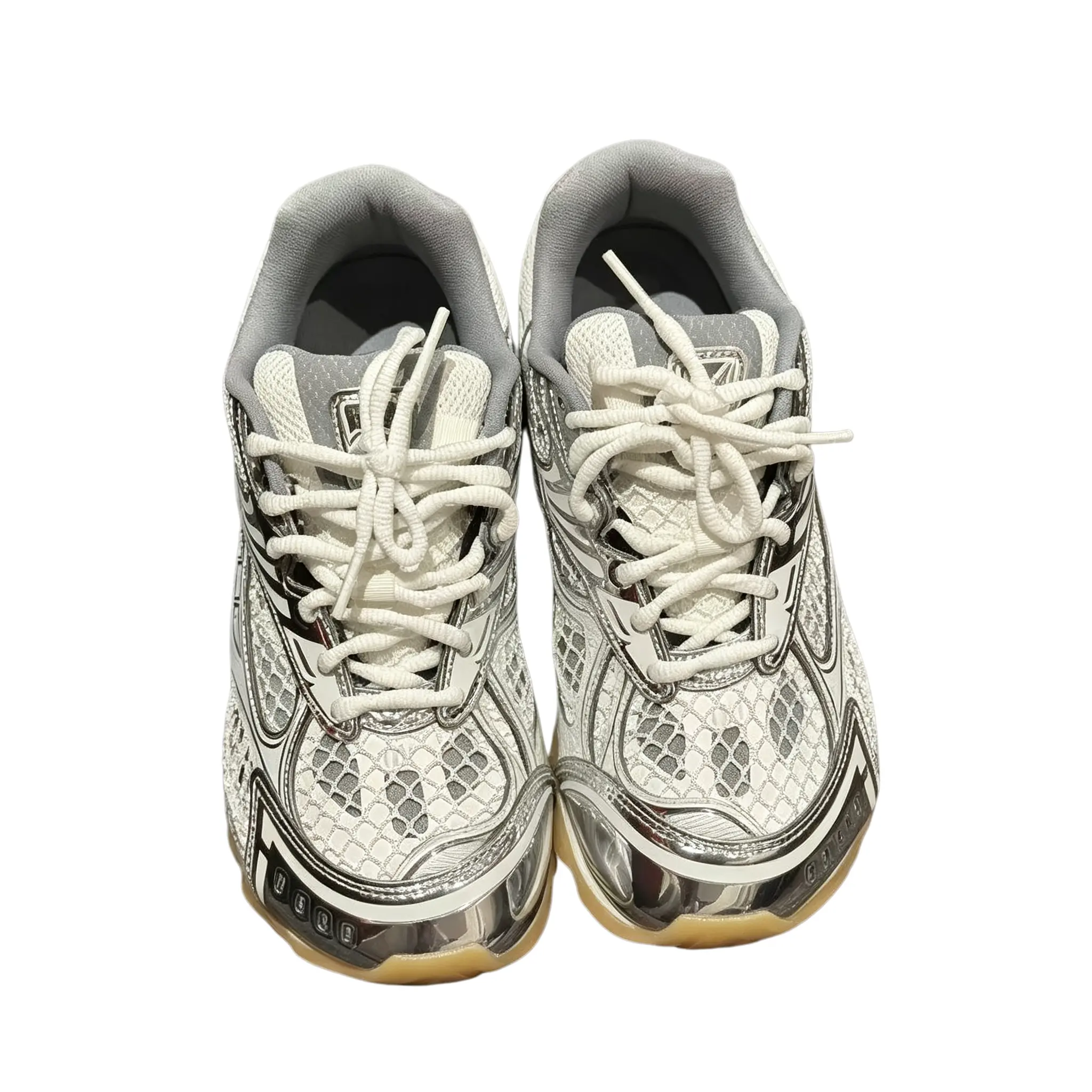Men's Futuristic Running Sneakers, Silver Metallic Mesh Shoes, Retro 2000s Streetwear Sneakers, Casual Everyday Shoes