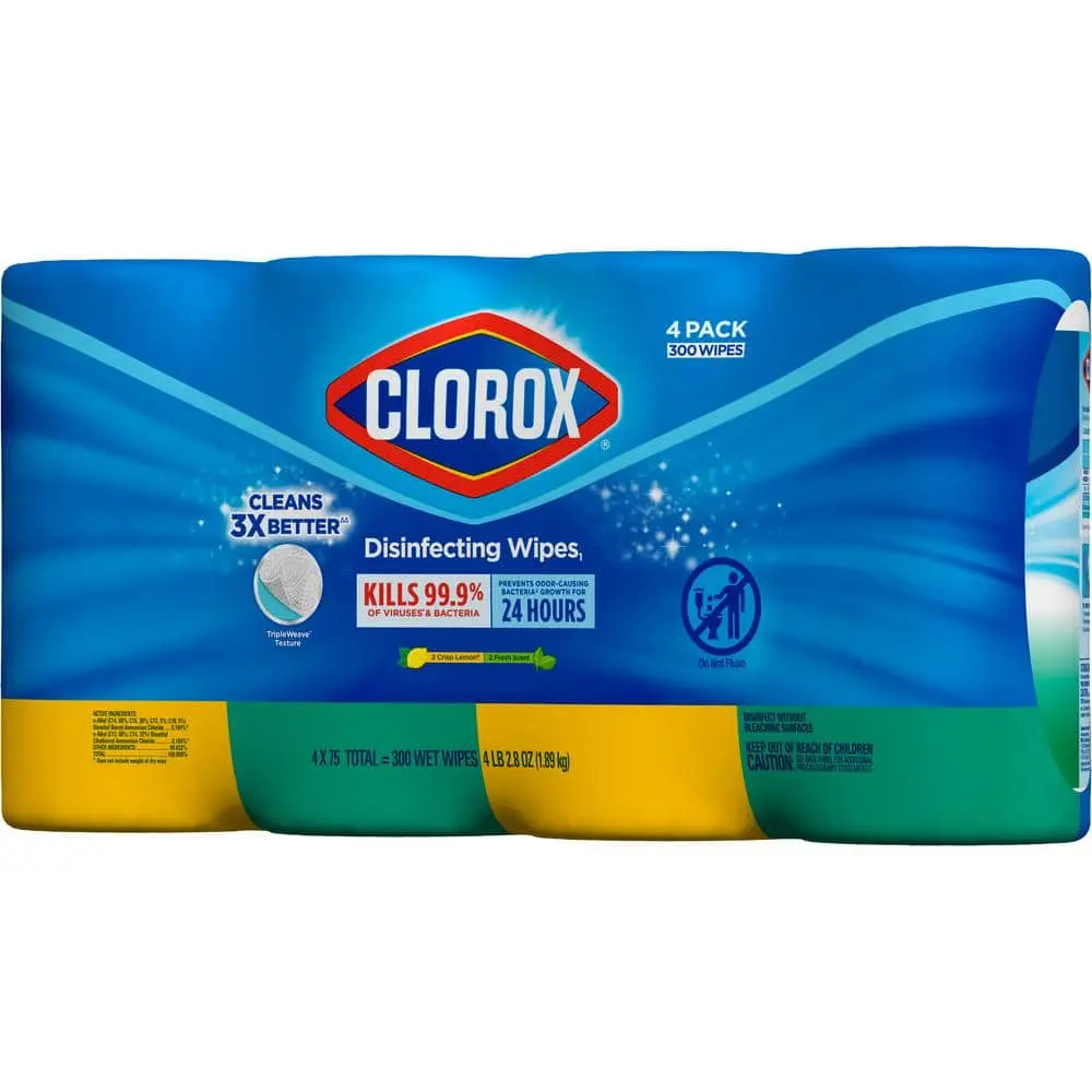 CLOROX Scented Bleach-Free Disinfecting Detergent Wipes - 4-Pack (75-Count Total), Crisp Lemon Fragrance, All-Surface-Safe, No-Rinse, Non-Aerosol, Anti-Bacterial Home Care Household Cleaner Supplies, 75 Cleaning Wipes
