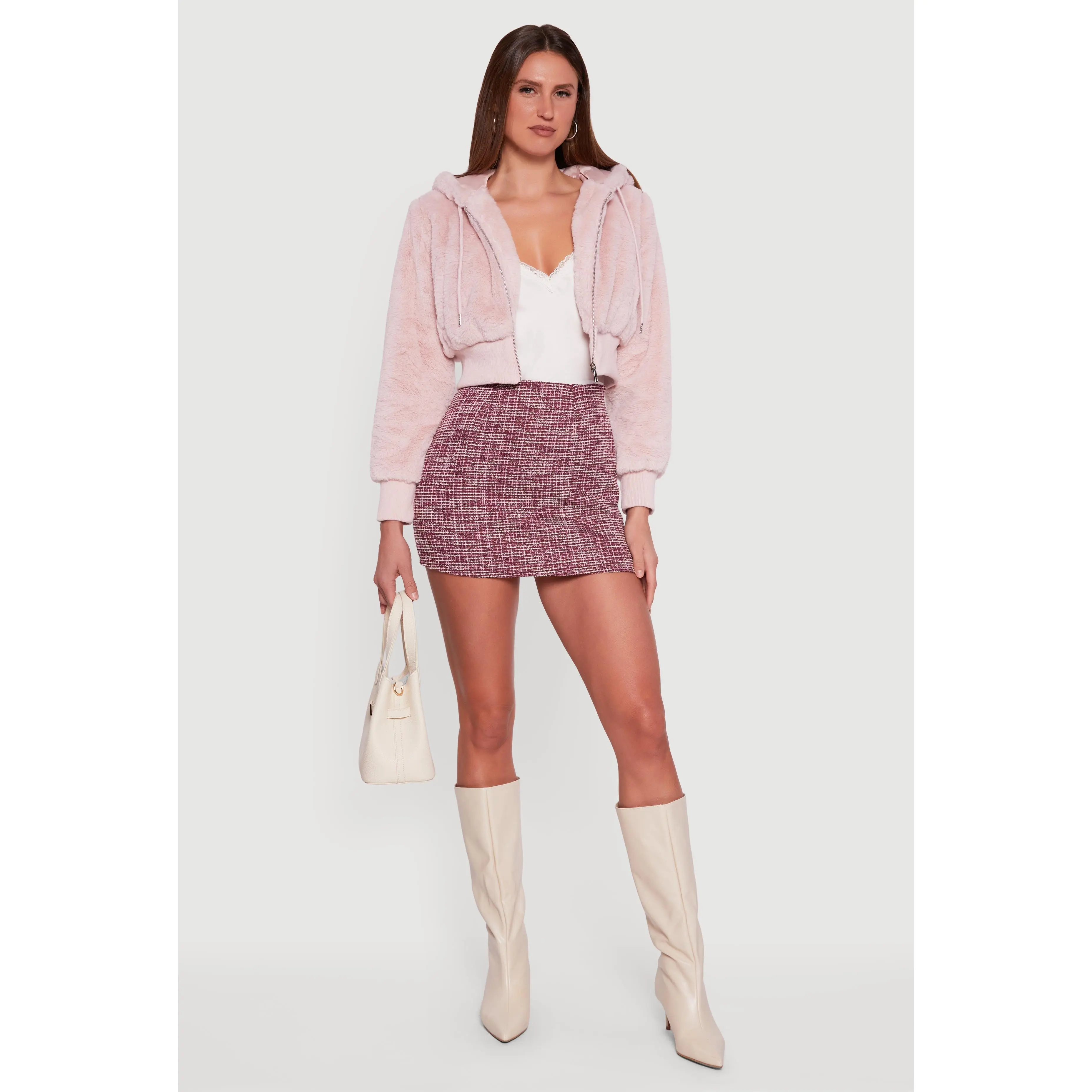 Faux Fur Zip Front Hooded Cropped Jacket