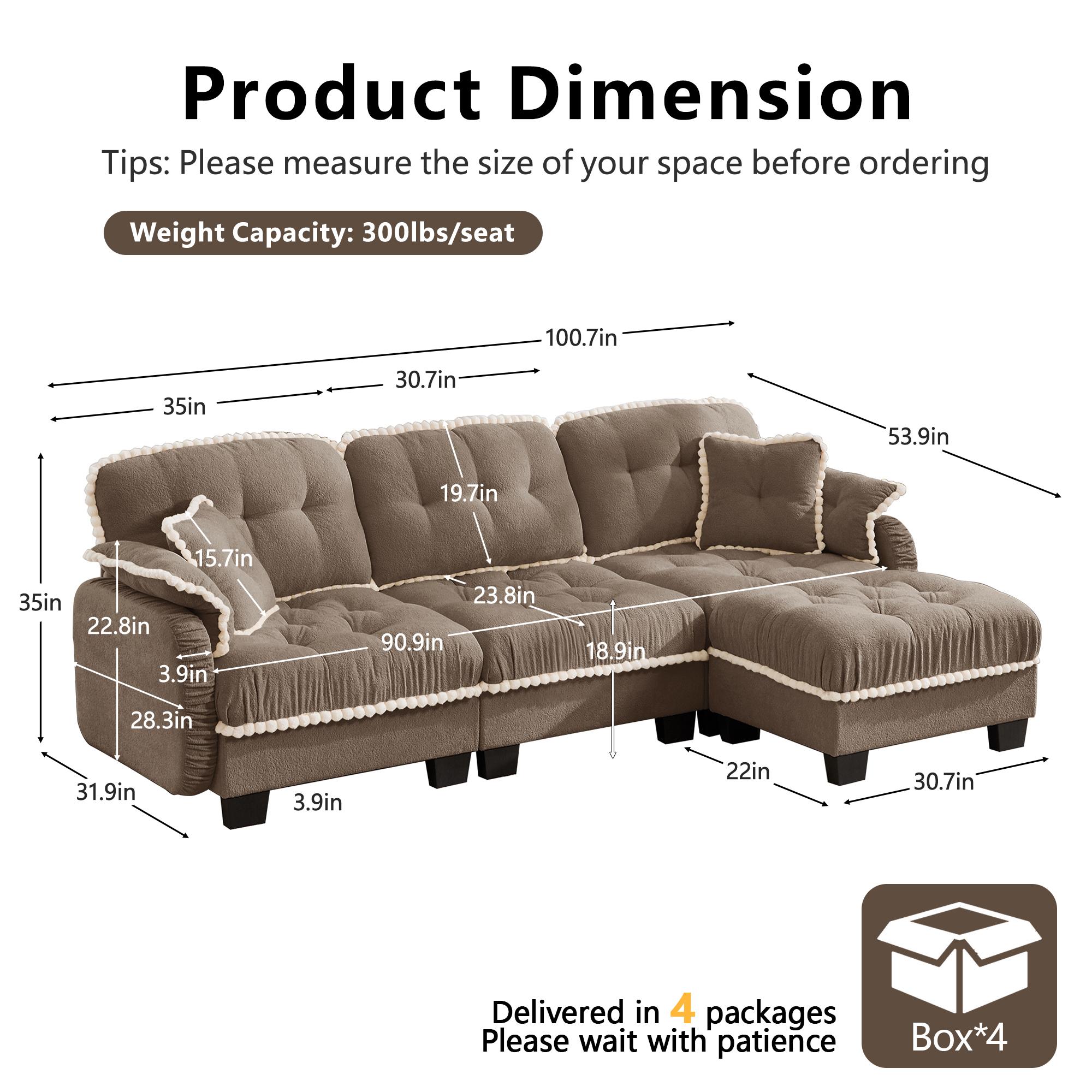 Eyisean 100.7in Chenille Modern Modular Sectional Sofa Furniture - 3-Seater U-Shaped Comfy Couch with Fixed Arms, Armrest Pillow, Back Cushion, 2 Movable Ottomans, Pom-Pom Trim Quilted Tufted Deep Seat, Ergonomic for Living Room Decor, Small Spaces, Ottom