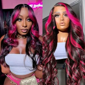 GK Ombre Lace Front Wig Human Hair Skunk Stripe 13x6 HD Lace Frontal Body Wave Highlight Pink and Black Colored Wigs 180% Density