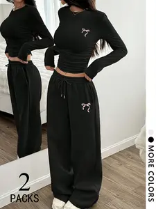 Women's Two-Piece Set, Round Neck Long Sleeve Top, Straight Leg Pants, Bow Print, Adjustable Drawstring Design, Comfortable Fabric, Casual Style