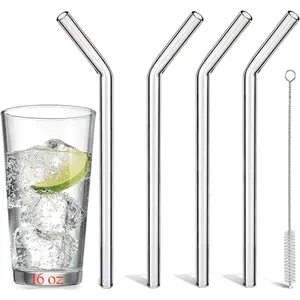 Reusable Glass Straws Shatter Resistant Bent 9 inch 8mm, Clear Glass Drinking Straws for16 oz Cups, Eco-Friendly, BPA Free, Durable and Thick Perfect for Hot & Cold Drinks Utensils