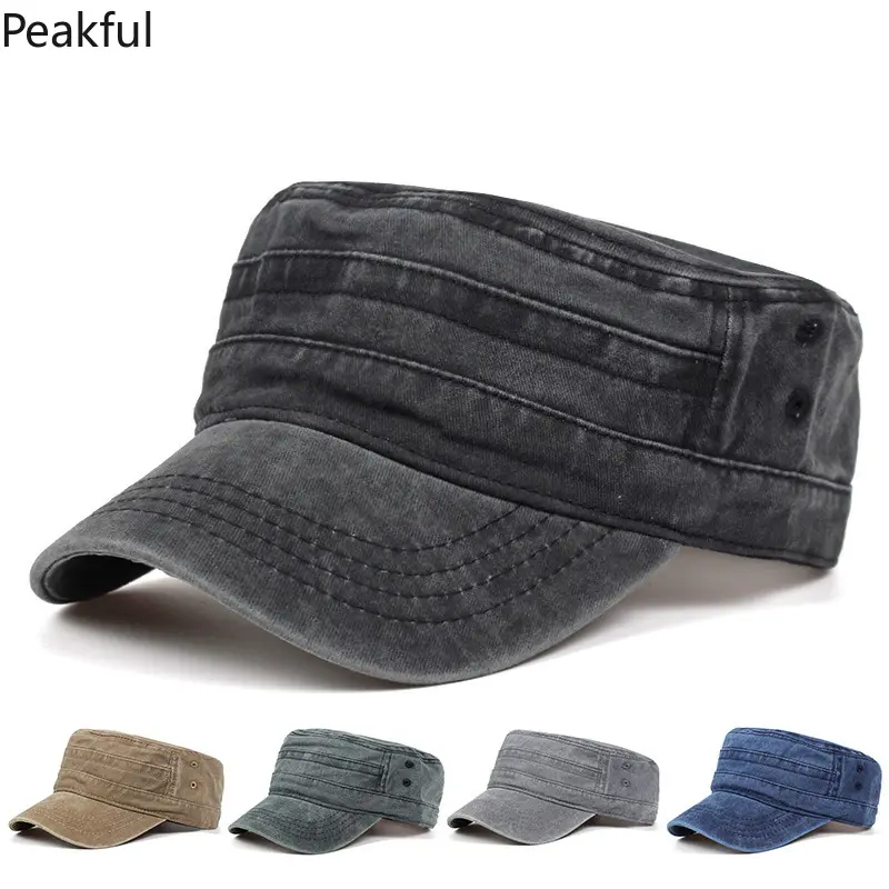 Vintage Washed Cotton Cadet Baseball Cap, Popular Unisex Adjustable Military Style Hat, Casual Retro Flat Top Outdoor Headwear, lightweight construction & timeless washed finish, great for urban street fashion, outdoor activities, gift-giving