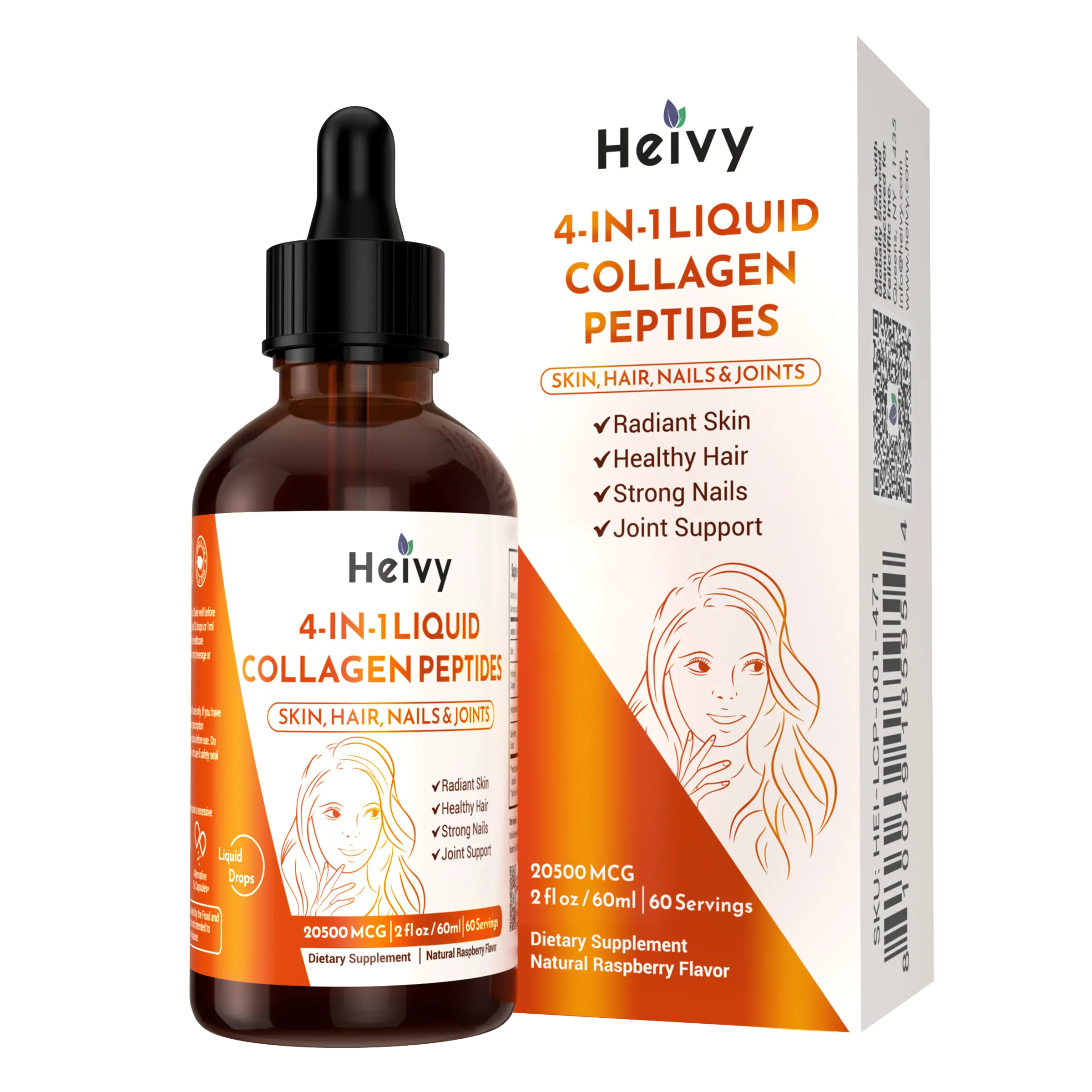 Heivy 4-in-1 Liquid Collagen Peptides for Radiant Skin, Healthy Hair, Strong Nails, and Joint Support | 10,000 MCG Hydrolyzed Collagen  + 5,000 MCG Hydrolyzed Keratin  + 5,000 MCG Saw Palmetto Extract + 500 MCG Biotin Drops | Made in USA Beauty