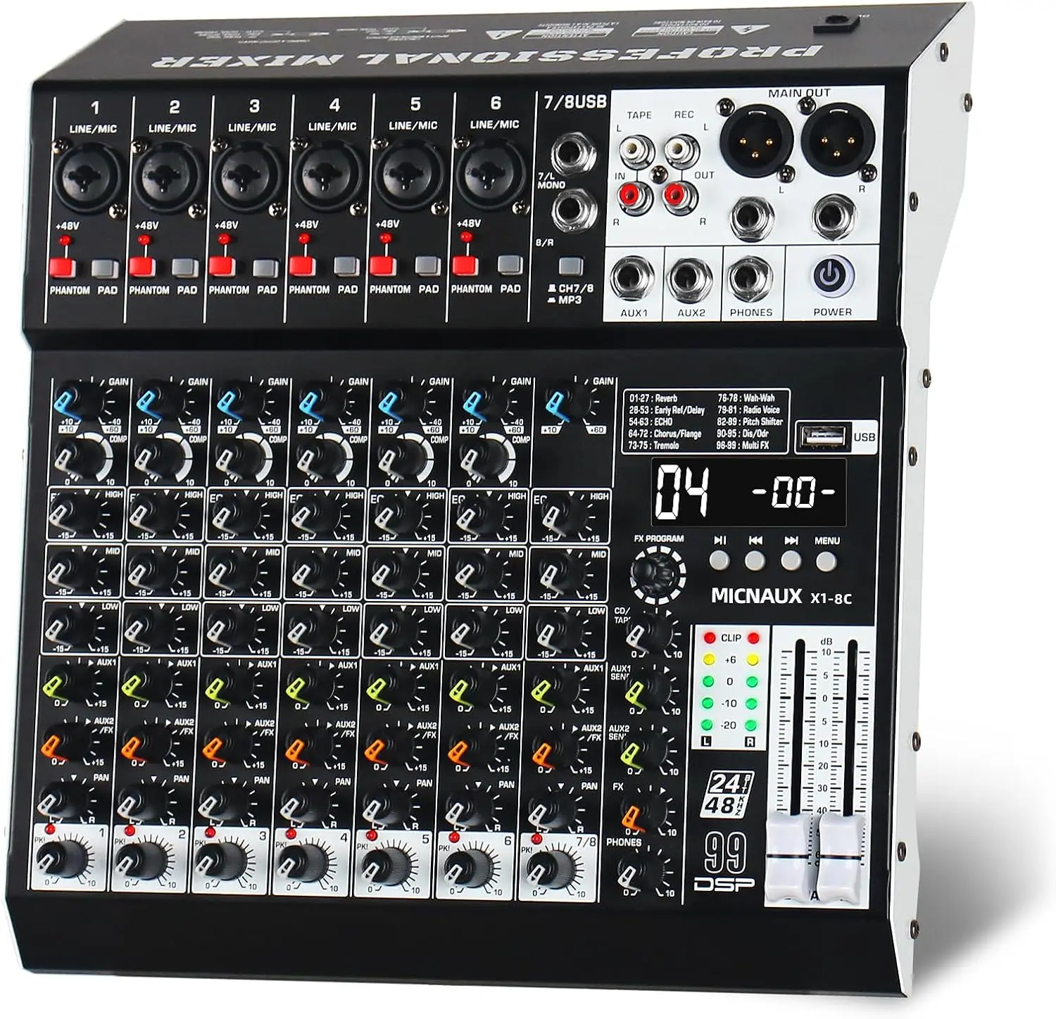 8-Channel Compact Professional Digital Audio Mixer Console, 99 DSP Effects, USB, Bluetooth, 48V Power Supply, PAD Button, Smartphone Compatible, Recording Capability for Karaoke, Live Music Performances