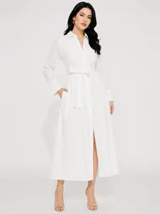 White Cotton Collared Maxi Dress for Women, Long Sleeve Button Front Tie Waist Dress, Elegant Vacation Shirt Dress