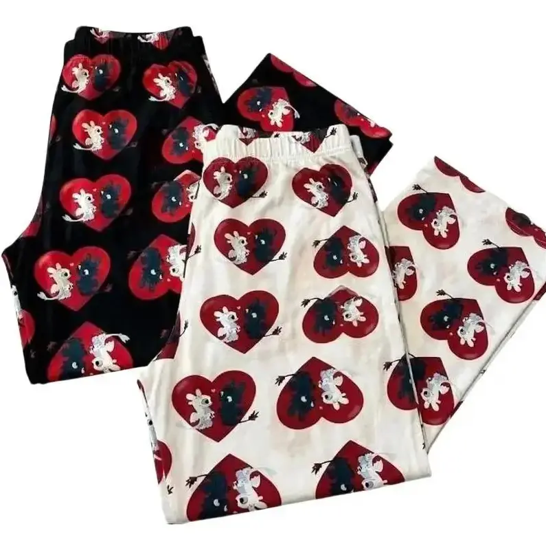 Valentine Dragon Pajama Pants for Couples with Heart Print, Cute Toothless Light Fury Matching Loungewear for Him and Her Gift Idea