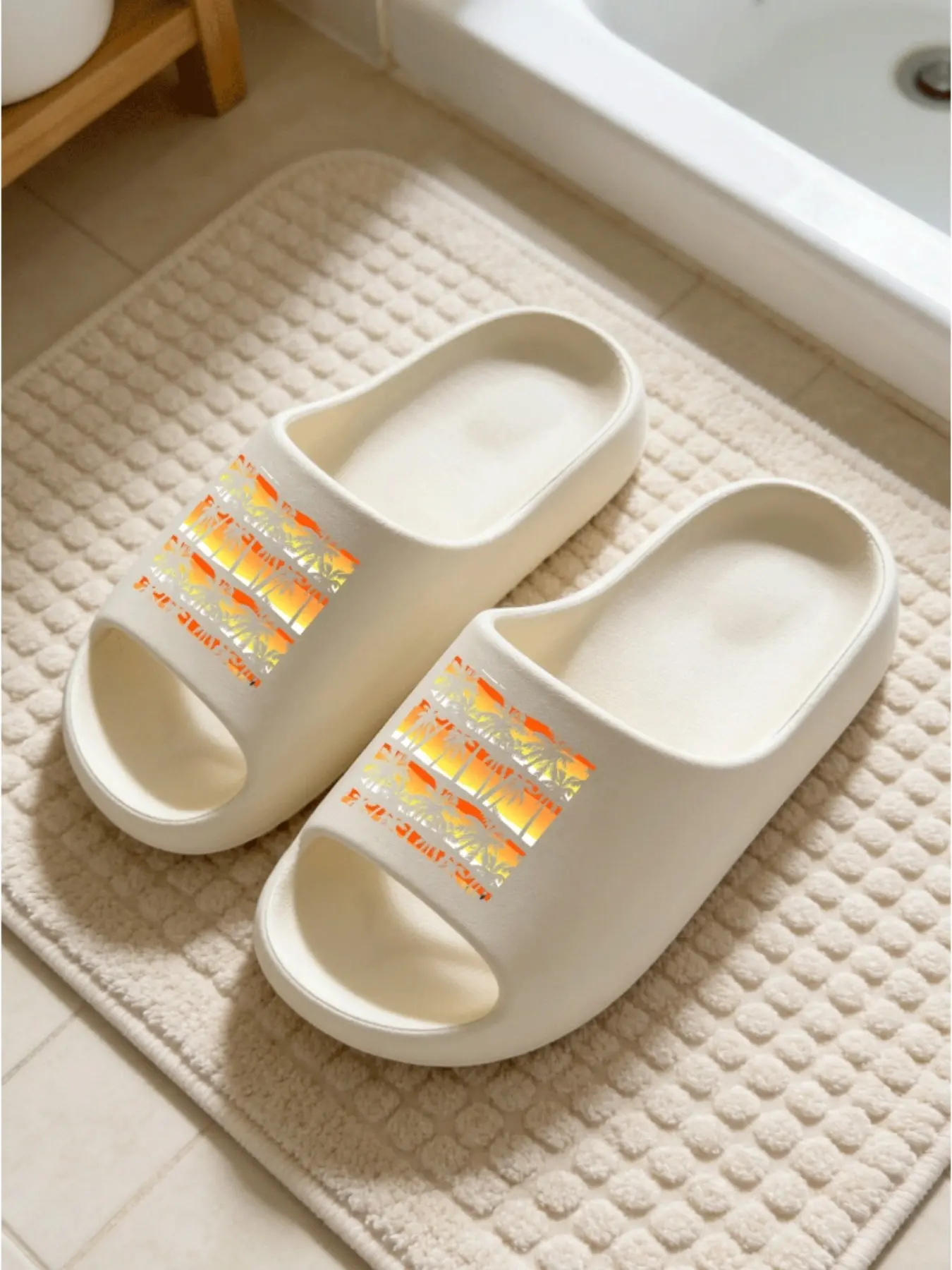 Women's Sunset Palm Print Slippers, Soft Eva Sole Non-Slip, Ideal for Bathroom, Home Relaxation, Dormitory Wear, Casual Style
