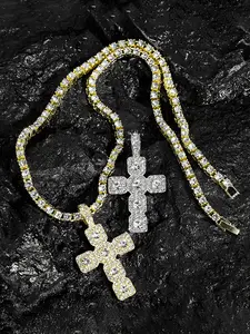 Elegant Hip-Hop Religious Cross Pendant Necklace, Cuban Cross Necklace, Sparkling Full Diamond Tennis Chain, Fashion Accessory Unisex Gift