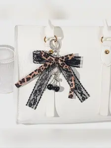 Sweet Cool Y2K Leopard Bow Lace Cherry Keychain Bag Charm, Backpack Bag Charms, Purse Charm, Stylish Playful Charm, Purse Accessories, Street Style Accessory for All Seasons, Fashionable Women's Jewelry