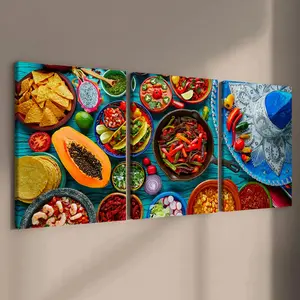 Food Pattern Wooden Framed Canvas Painting, 3 Counts Modern Art Wall Decor, Wall Art for Home Living Room Bedroom Office