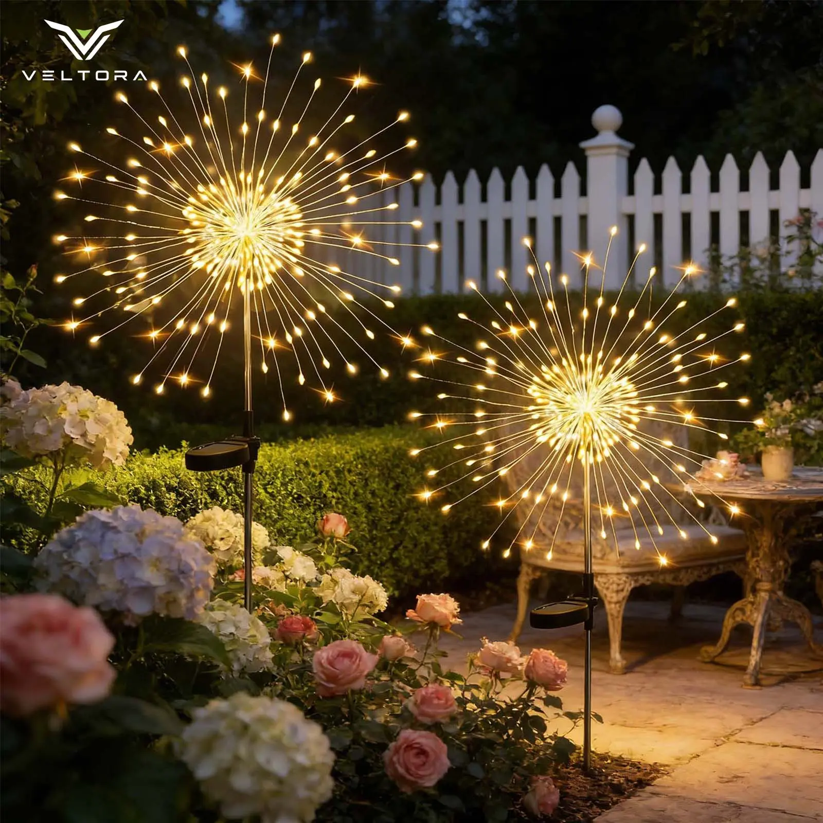 VELTORA 150 LED Solar Powered Outdoor Decorative Light Accessories 2 Pack, Warm White Fairy Firework Style Garden Stake Lights, Patio Pathway Yard Flowerbed Balcony Landscape Lighting Decor for Garden, Lawn, Walkway and Holiday Display