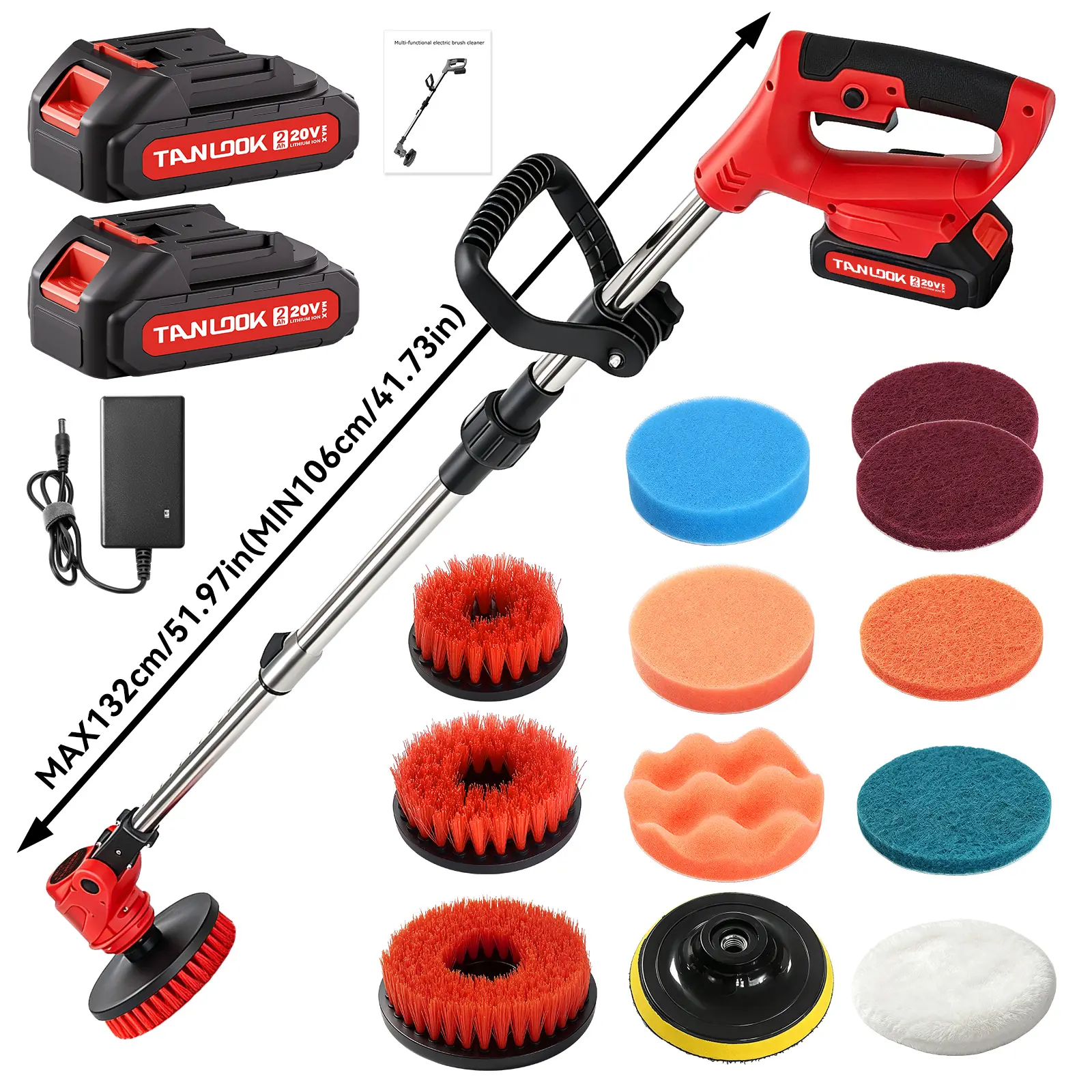 Tanlook Cordless Handheld Power Scrubber-Polisher, Powerful Rechargeable Cleaning Gadget with Replaceable Heads, Adjustable Extension Handle, Shower Power Scrubber for Bathroom Household Use, Cleaning Gadgets