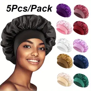 5Pcs/Pack Women's Satin Solid Bonnets Wide-brimmed Night Sleeping Bathing Hat Head Wrap Elastic Band Cap Hair Care Bonnet