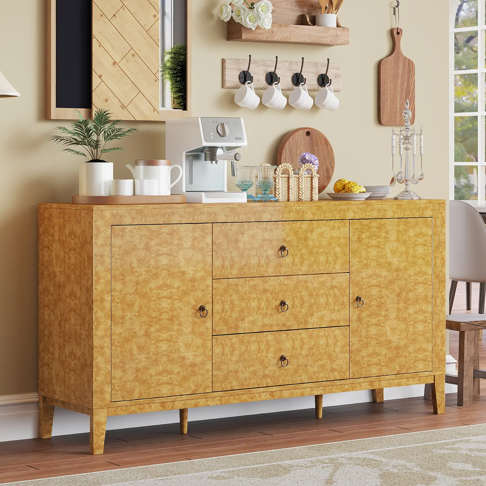 [SummerSale] AMERLIFE High Gloss Burl Buffet Sideboard Cabinet, 60" Large Wood Sideboard Storage Cabinet with Drawer, Retro Handle, Coffee Wine Bar Buffet/Best Gift Ideas/Christmas Gifts