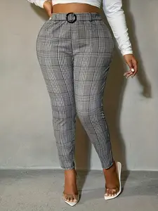 Elegant Plaid Print Checkered Plus Size Women's Pants, High Waist Casual Slim Fit, Spring & Fall Fashion, Ring Button Decoration, Casual Fashion Trousers