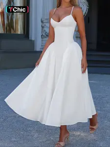 Pure Color Elegant Sleeveless Long Dress, Waist Cinched Design, Fitted Style, Plain Pattern, Perfect for Various Occasions, Formal