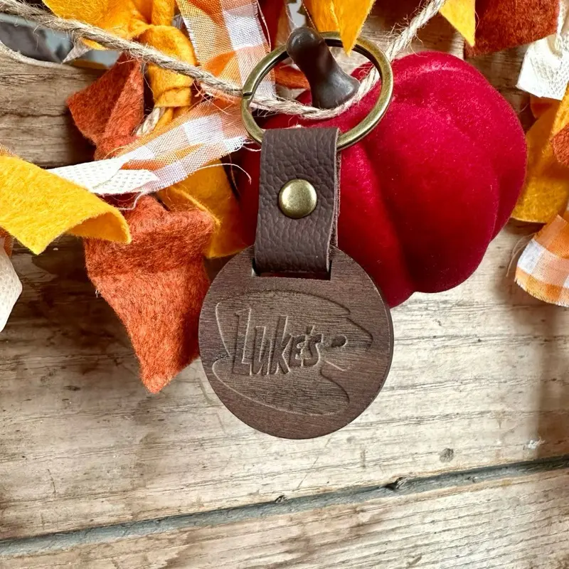 Luke's Coffee Laser Engraved Wooden Keychain with Brown Leather Strap