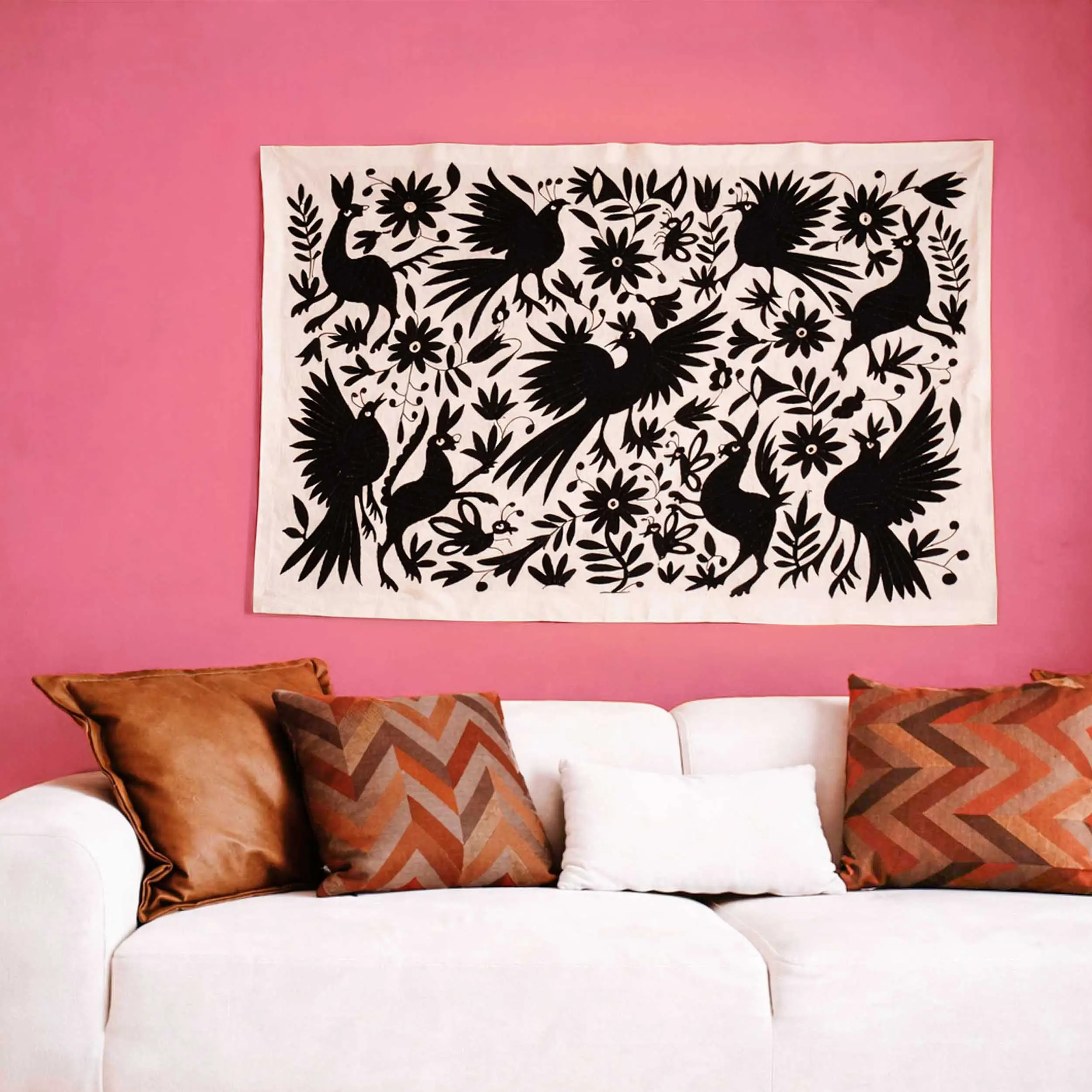 Otomí Hand-Embroidered Cotton Wall Tapestry - Authentic Otomí Art, Handcrafted Hanging, Nature-Flowers Themed Home Decor Accessory for Room Accent, Wall Tapestries, Room Decor, Animals, One-Of-A-Kind