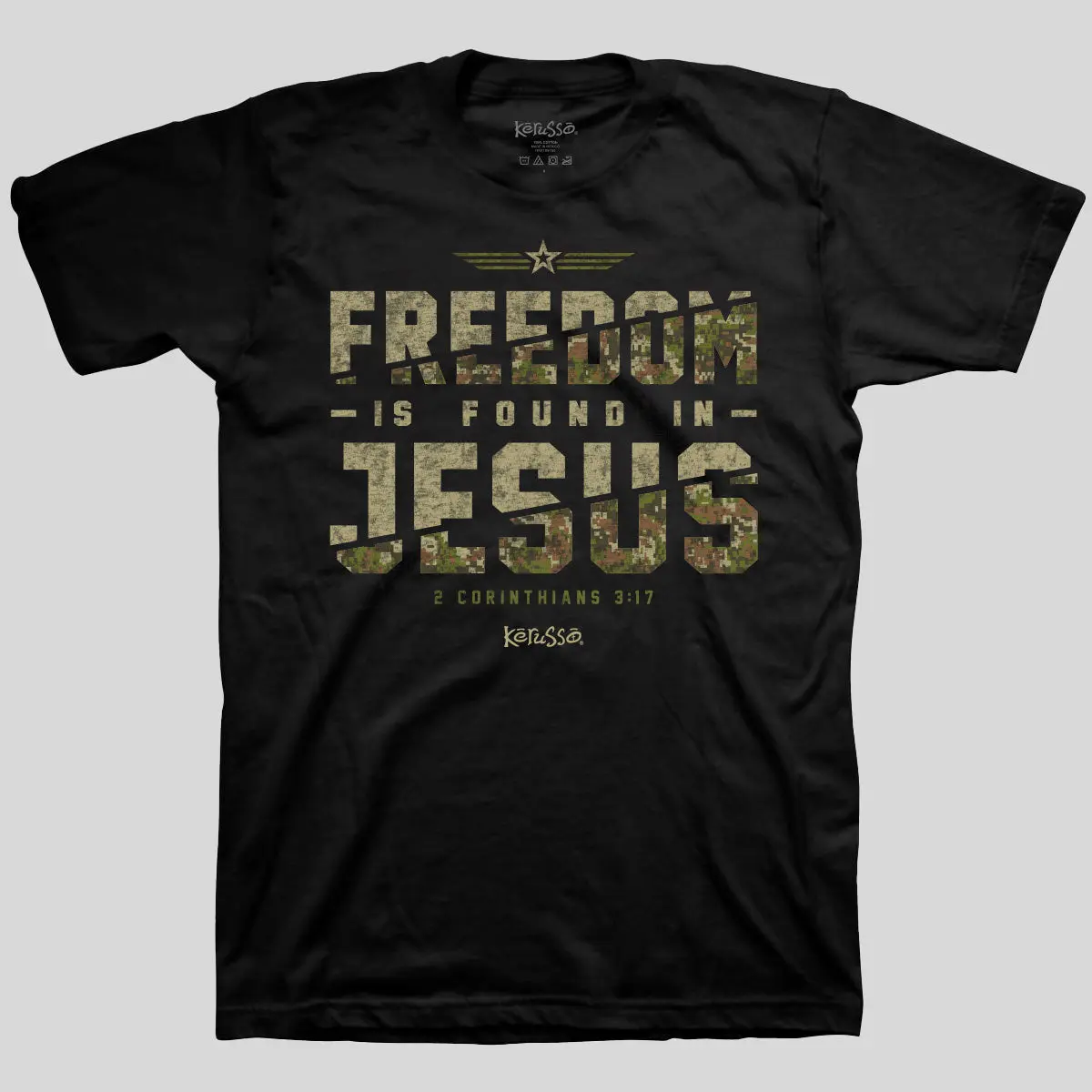 Men's Christian T-Shirt, Classic Fit Short Sleeve in 100% Cotton with "Freedom in Jesus" Camo Graphic, 2 Corinthians 3:17 Verse, Hem