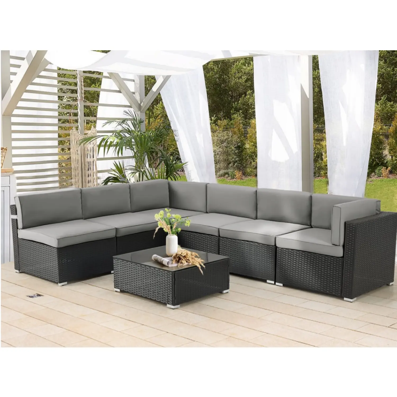 Black Rattan and Grey Cushion