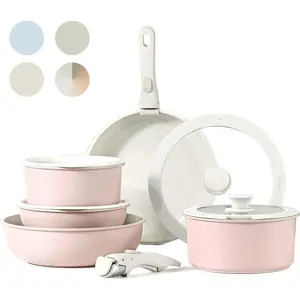 CAROTE 15-Piece Nonstick Cookware Set - Induction Compatible - Detachable Handles - Sage Green/Yellow