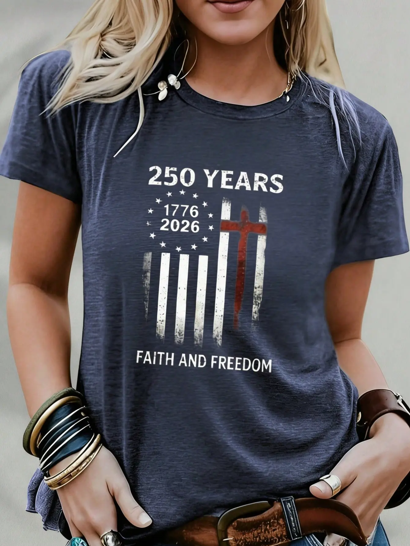 Women's Christian T-Shirt, Casual Cotton Short-Sleeve with Patriotic USA Flag & Cross Graphic for 250th Faith & Freedom Anniversary, Shortsleeve, Tshirt, Top, Round Neck, 100% Cotton, Faith Symbols
