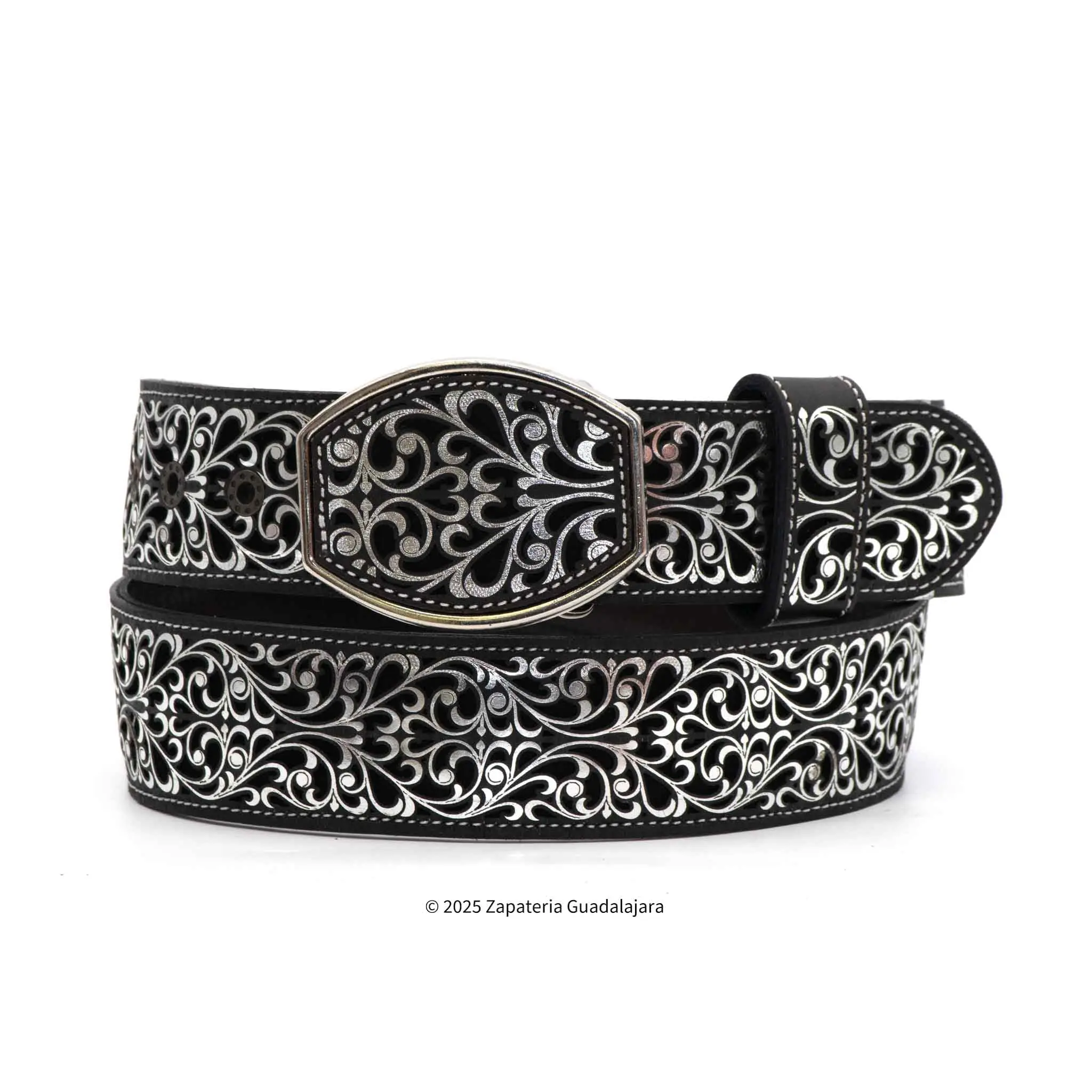 MEN'S WESTERN 2" LASER SILVER GUIDES LEATHER BELT -M313